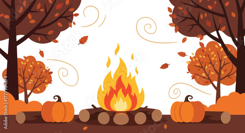 Flat wallpaper of bonfire with pumpkins and leaves around, warm seasonal atmosphere, solid strong colors