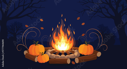 Flat wallpaper of bonfire with pumpkins and leaves around, warm seasonal atmosphere, solid strong colors