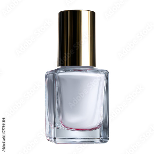 White Nail Polish in a Clear Bottle With a Gold Cap on a Plain Background for...
