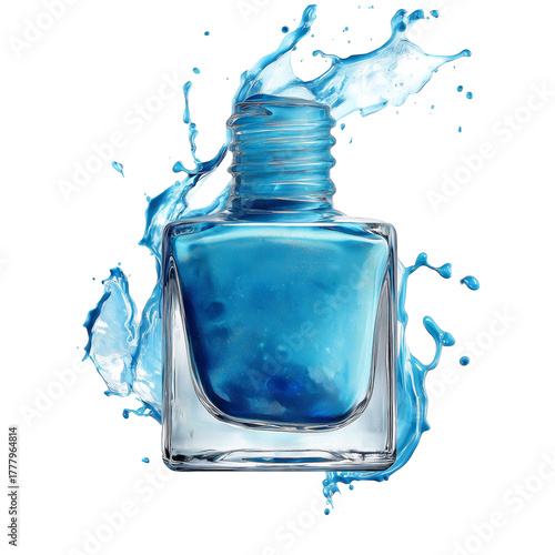 Bright Blue Nail Polish Bottle With Splashes of Color in an Artistic Display