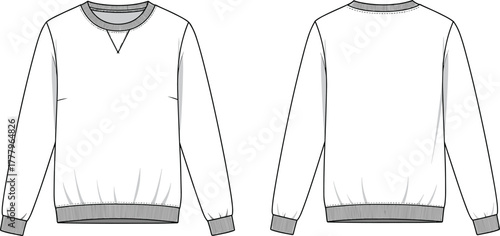 Classic crew neck sweatshirt front and back technical flat sketch, long sleeve casual pullover fashion design illustration template