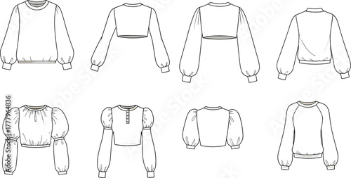 Fashion sweatshirt and puff sleeve blouse design template set, women’s long sleeve top front and back technical flat sketch