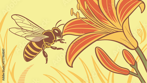 A bee approaching a vibrant orange lily flower in a stylized illustration with a bright yellow background