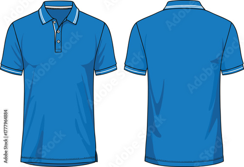 Classic blue polo shirt front and back view, men’s short sleeve collar t-shirt vector fashion design template for apparel