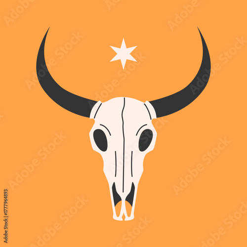 Cow skull. Cowboy western and wild west theme concept. Hand drawn vector illustration. Buffalo skull on yellow background.