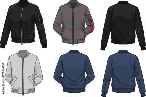 Trendy bomber jacket front and back view collection, men’s casual outerwear fashion vector flat design template for apparel design