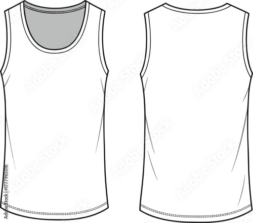Basic sleeveless tank top front and back view, casual unisex summer wear vector fashion flat sketch for clothing design template