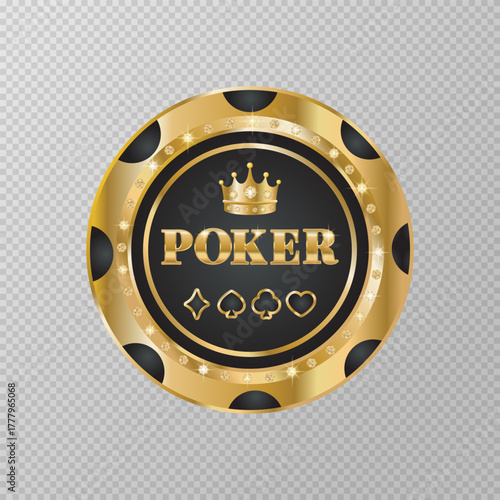 Gold and black  poker chips with diamonds on transparent background. Gambling token with suit for poker and casino. Design for advertising, games, casino, banners and posters. Vector illustration. 