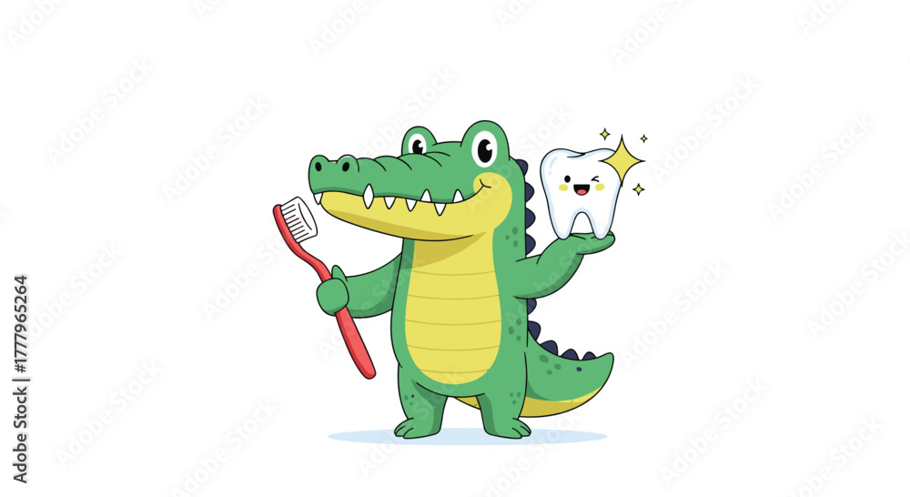Fototapeta premium A smiling alligator character holding a toothbrush and a sparkling healthy tooth.