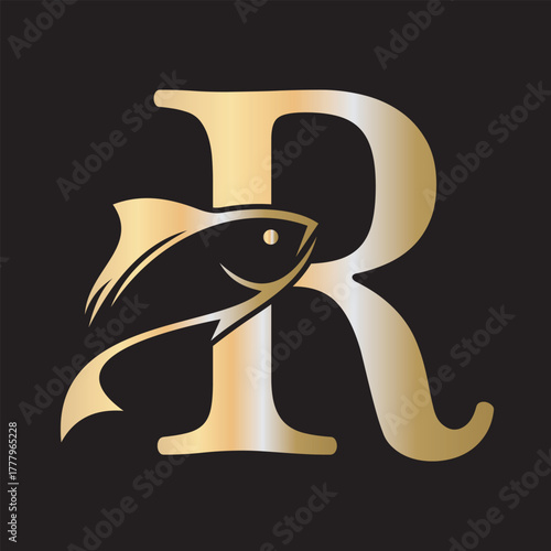 Initial Fish Logo combine with letter R vector template
