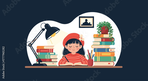 A young girl in a red beret diligently studies and writes at her desk under a lamp surrounded by stacks of books.