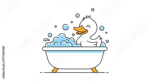A cute little rubber ducky is having a bubbly bath time in a white bathtub.