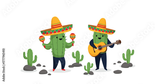 Two cheerful cacti wearing traditional Mexican sombreros enthusiastically play musical instruments in a desert landscape.