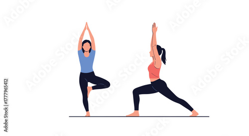 Two women performing yoga poses on a white background demonstrating fitness and health.