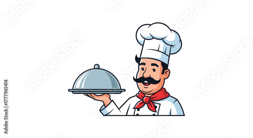 A skilled chef wearing a tall white hat and a red scarf presents a silver platter with a covered dish ready to serve a delicious meal.