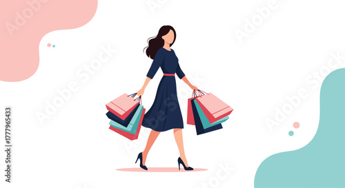 Stylish woman in a dark blue dress carrying shopping bags while walking in a minimalist design with pink and blue abstract shapes.