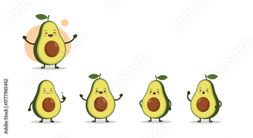 A group of cute and funny cartoon avocados with various expressions celebrating and showing different emotions like happiness excitement and anger.