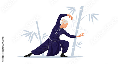 An elderly woman practices an ancient Chinese martial art and meditation technique in a serene garden with bamboo.