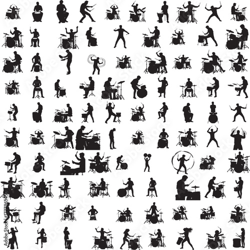 Silhouette of a person performing on full drum kit isolated on white background