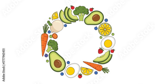 A healthy circular arrangement of fresh fruits vegetables and other nutritious food items.