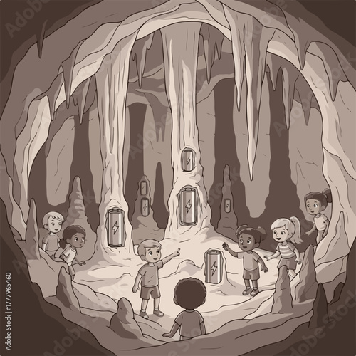 Cave exploration with diverse children in underground chamber showing stalactites and minerals. Children point at cave features, exploring cave formations in this underground environment.