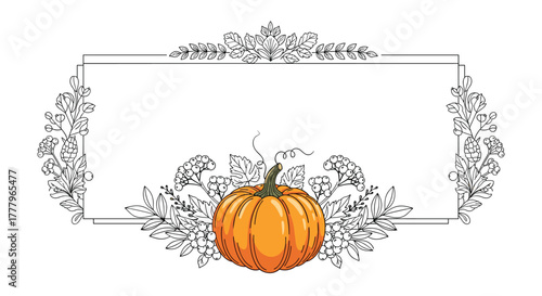Autumn harvest pumpkin surrounded by decorative floral vines and a classic ornate frame for seasonal decorations.