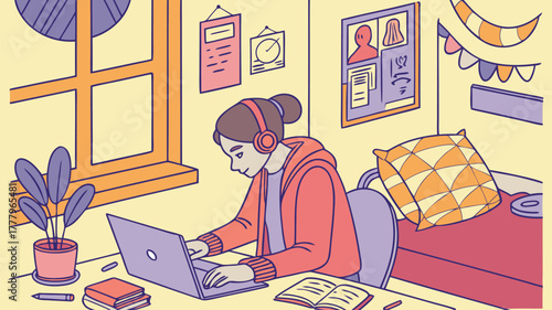 A woman working on a laptop in a cozy room with decorations and a window providing natural light indoors