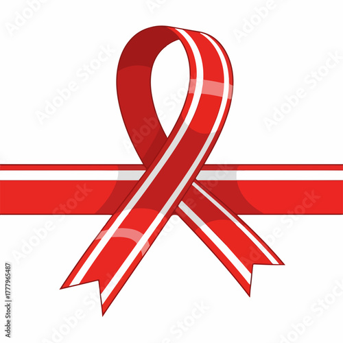 Red ribbon, a symbol of awareness and support, presented on white background with stripes. Awareness ribbon represents solidarity, hope, and compassion for people affected by various causes.