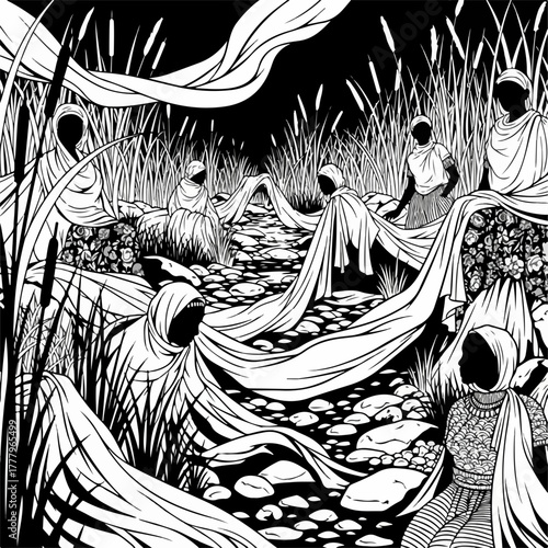 Serene gathering scene with figures, robes, and tranquil stream depicted with ink drawing technique.