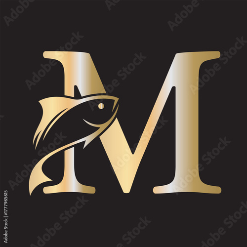 Initial Fish Logo combine with letter M vector template