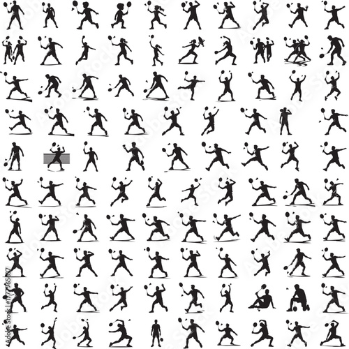 Silhouette of a person playing badminton isolated on white background