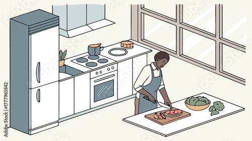 A man in a kitchen preparing food on a cutting board near a window and appliances in a simple illustration