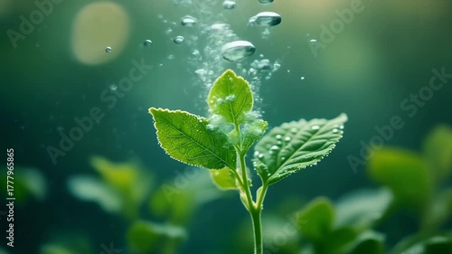 Tiny plant leaf releasing oxygen bubbles underwater during photosynthesis experiment.