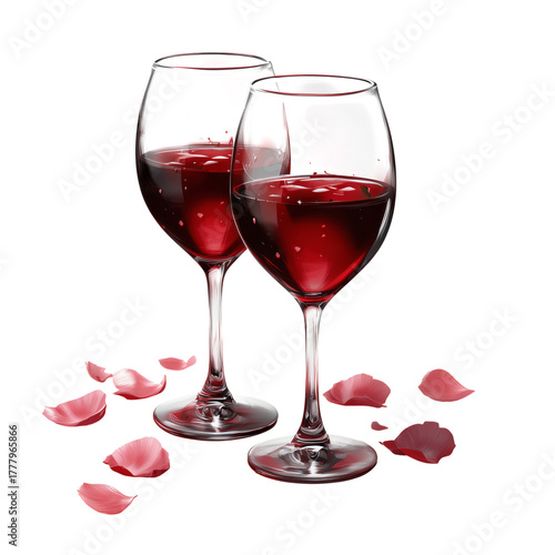 Two Glasses of Red Wine With Rose Petals Scattered on the Table During a Roma...