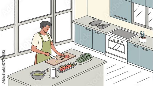 Man preparing food on kitchen island with vegetables and cooking utensils in a modern kitchen setting