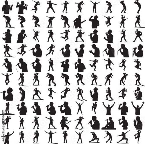 Silhouette of a person singing isolated on white background