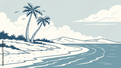 A serene beach scene featuring palm trees sand ocean birds and distant mountains under a cloudy sky landscape