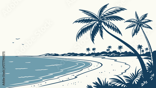 A serene beach scene featuring palm trees ocean waves and a sandy shore under a clear sky in a vector style