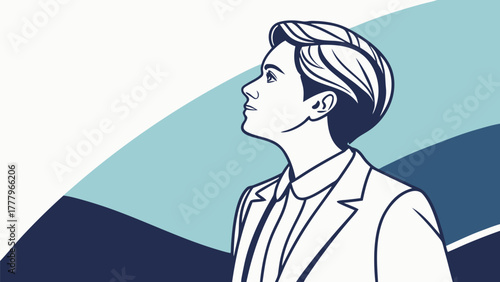 A man in a suit looking up against a wavy background in a stylized illustration format with clean lines