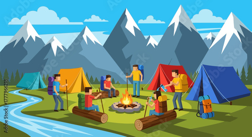 A group of friends enjoying an adventurous summer camping trip with a bonfire in a scenic mountain landscape