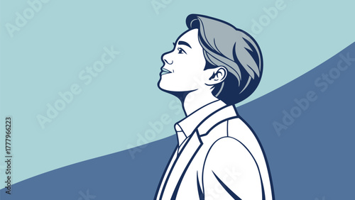 A man in a suit looking up towards the sky with a hopeful expression in a stylized vector illustration