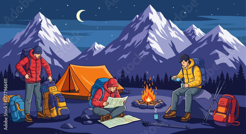 Night Adventure Campers by Campfire Under Snowy Mountains