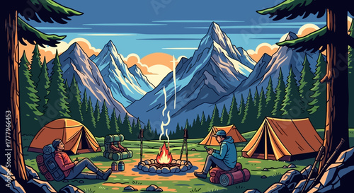 Serene mountain campsite with tents, campfire, and hikers enjoying the sunset in a breathtaking landscape