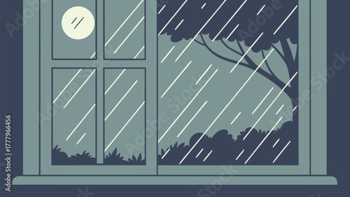 A window view of a rainy night with a full moon shining through the clouds and trees in the background