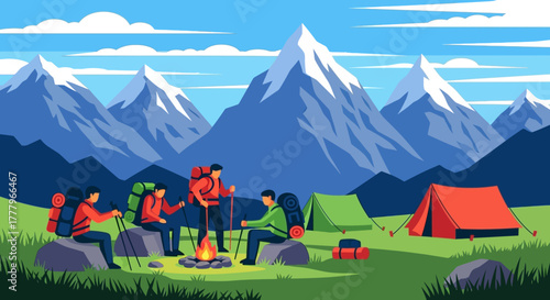 Group of friends enjoying a serene campfire moment amidst a majestic mountain landscape, camping under a clear blue sky, experiencing the beauty of nature and outdoor adventure