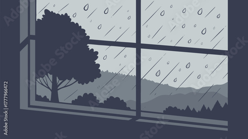 A window view of a rainy day with a tree and mountains visible through the glass with raindrops falling