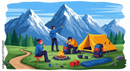 Adventurous friends on a camping expedition, gathered around a bonfire with their tent set up against a backdrop of majestic snowy mountains
