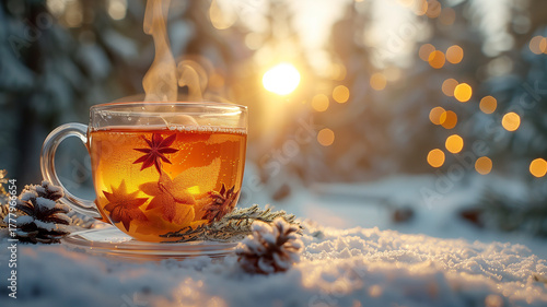 A cup of tea with a sprig of rosemary on top. Christmas, New Year, Cyber Monday, sale, purchase, black friday