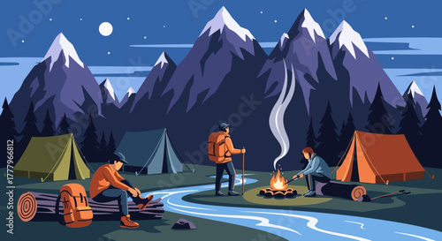 Camping Adventure People Around Campfire Near River with Mountains