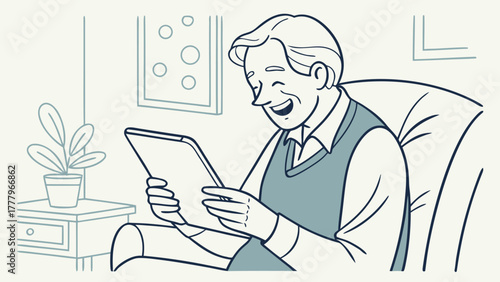 An elderly man smiling while looking at a tablet sitting in a chair with a plant and wall art nearby